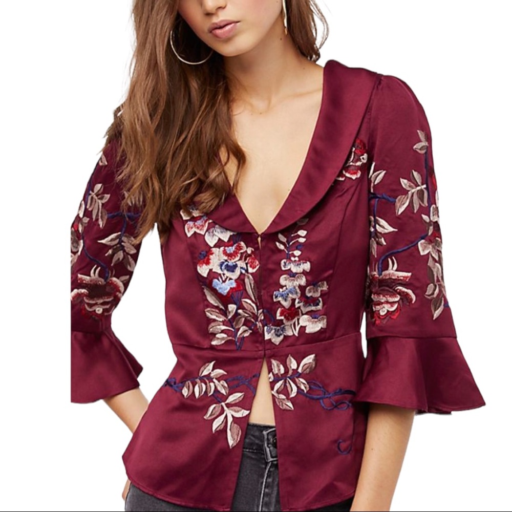 New Free People Beautiful Dreams XS, S, L Maroon Embroidered Ruffled Top Jacket